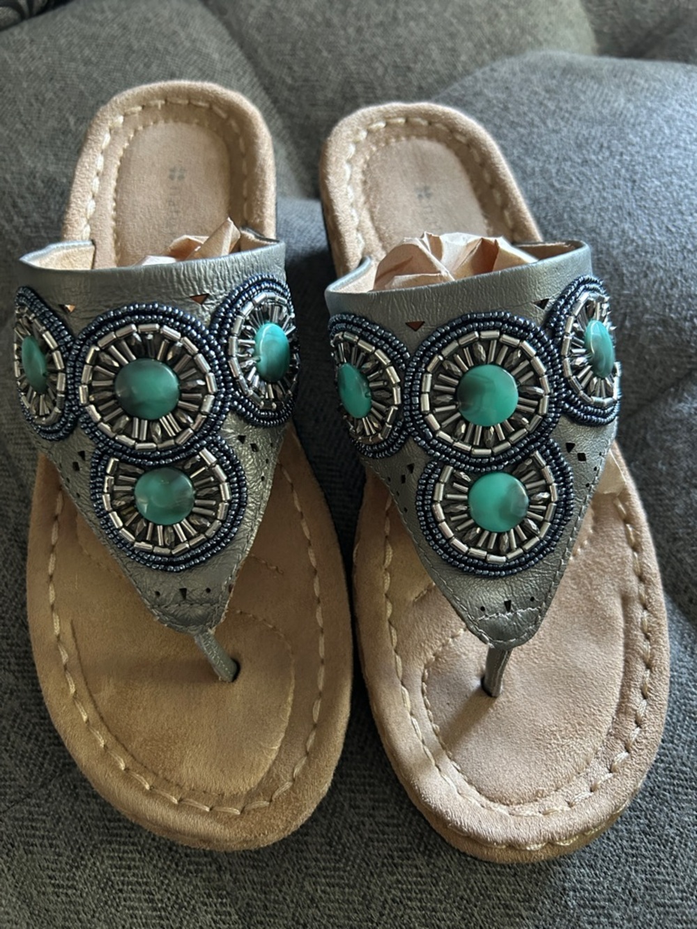 Naturalizer Beaded Teal and Tan Thong Sandals